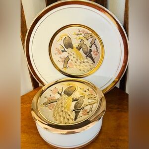 Vintage Chokin Peacock Trinket Box and Plate Japanese Gold Inlay Porcelain Set